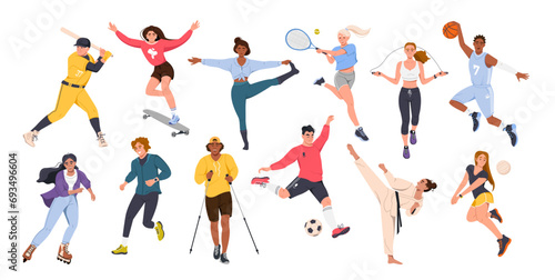 A set with vector characters of athletes. Men and women play sports. Team   game  street sports  martial arts. Vector illustration in the flat style
