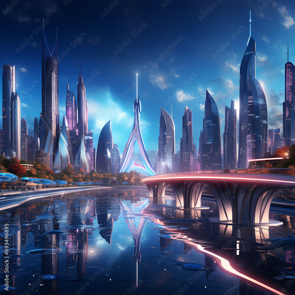 Futuristic city skyline with holographic bridges connecting towers