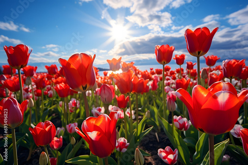 A Dreamy Scene of Red Tulips Blooming Against a Sunset Sky and Distant Sea  Captured with a Wide-Angle Focus Lens in Unreal Engine.