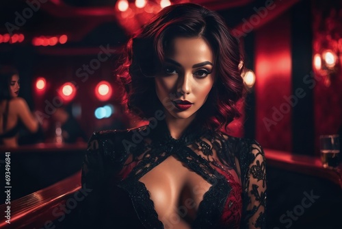 Seductive sexy lady at club, cabaret style, dark muted cinematic colors. Generative AI