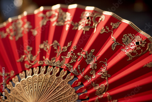 Traditional Red Fan  An intricately designed red fan featuring classic Chinese patterns and motifs  representing joy and celebration. Chinese New Year  Symbols