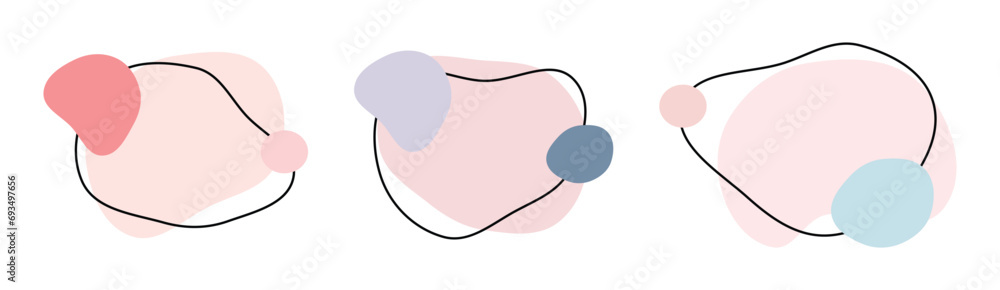 Organic amoeba blob shape abstract pink blue color with line vector illustration isolated on transparent background. Set of irregular round blot form graphic element. Doodle drops with outline circle
