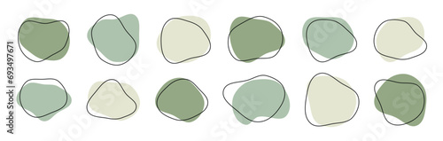 Organic amoeba blob shape abstract green color with line vector illustration isolated on transparent background. Set of irregular round blot form graphic element. Doodle drops with outline circle