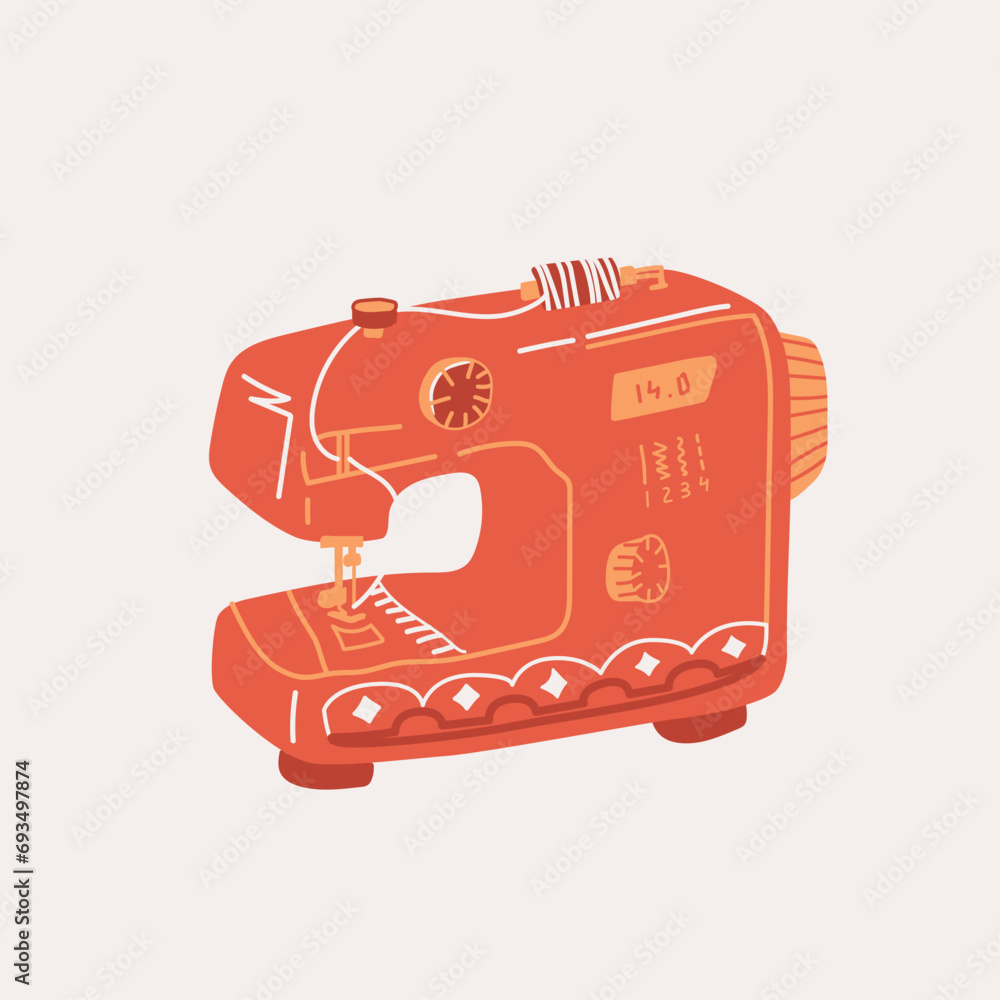 Vector illustration of a cartoon orange sewing machine on a white background. Vector element for the design of postcards, banners of hobby and creative shops. scandinavian modern illistration style. Vector illustration of a cartoon orange sewing machine on a white background. Vector element for the design of postcards, banners of hobby and creative shops. scandinavian modern illistration style.
