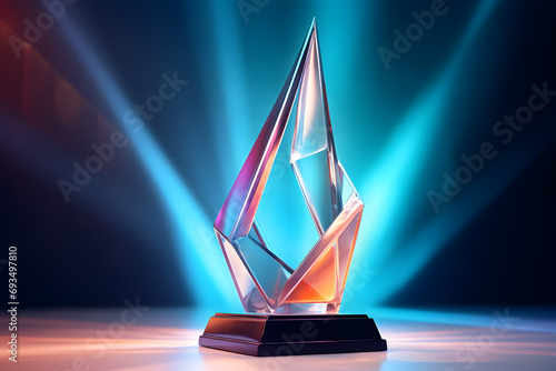 The winner's trophy cup with bright neon illumination on a dark background. Award trophy 
