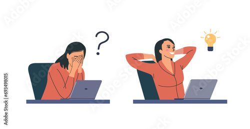 Young woman before the laptop with question mark in think bubble and  finding new idea. Shiny light bulb. Flat style cartoon vector illustration.