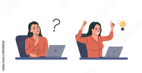 Young man before the laptop with question mark in think bubble and  finding new idea. Shiny light bulb. Flat style cartoon vector illustration.