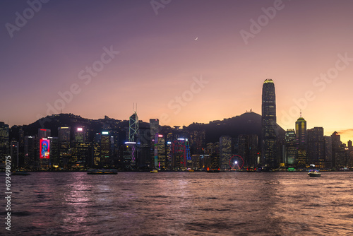Photography night view of victoria harbor and hongkong island in hong kong, China