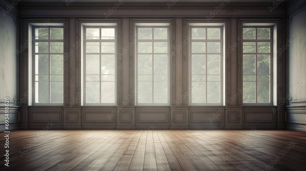 Fototapeta premium Empty old room with windows and wooden floor