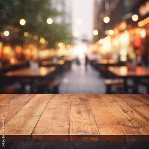 Empty wooden table top on a blurred coffee shop background. Mockup for product display in a cozy café setting. ai generative