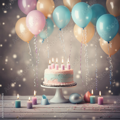 A festive composition for a happy birthday  including balloons  a cake with a lit candle  and joyful birthday texts on a colorful background. ai generative