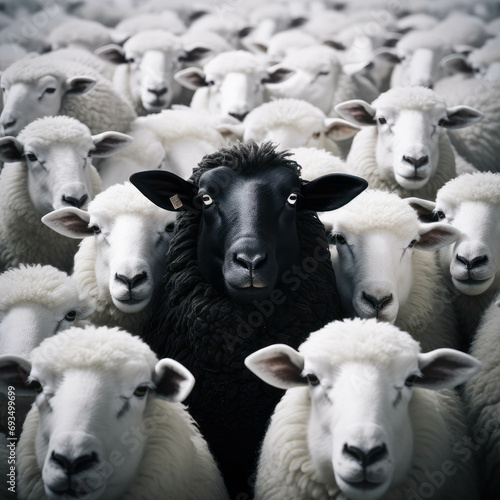 Contrasting black sheep in a group of white sheep, symbolizing uniqueness and individuality in the farm setting. ai generative