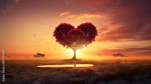 Valentine s day background with heart tree and sunset sky.