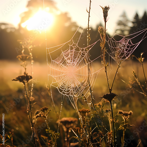 Morning sunlight illuminating dew-kissed spiderwebs in a meadow