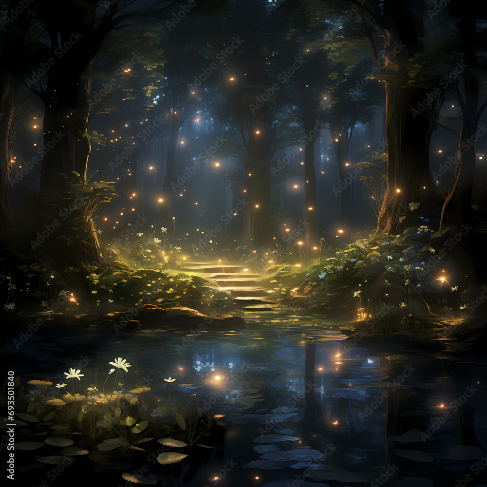 Mysterious forest illuminated by the soft glow of fireflies