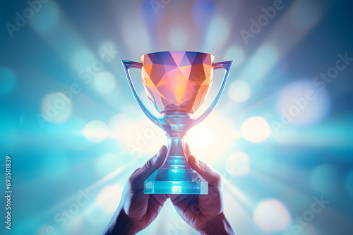 Winner's glass award trophy cup in hand with bright illumination