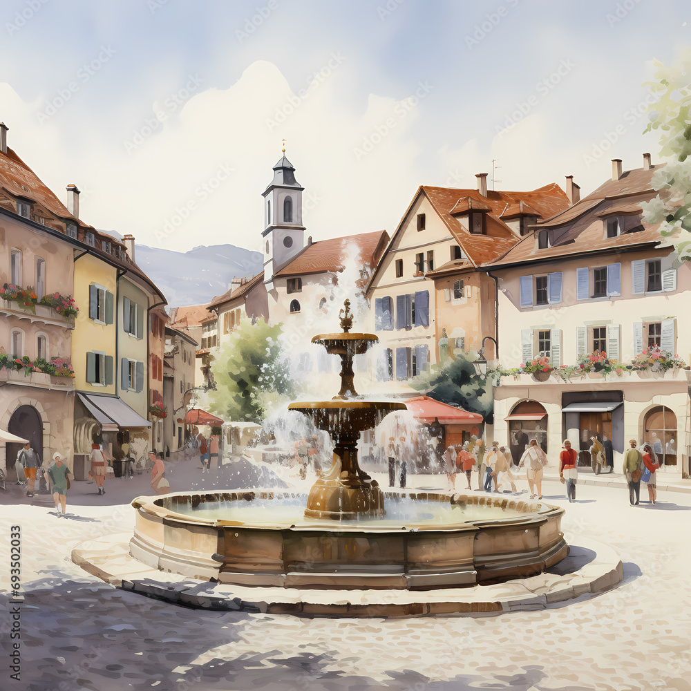 Peaceful village square with locals gathering around a central fountain