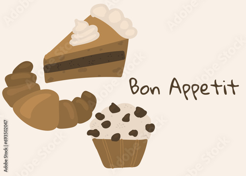 Hand-drawn pastries. Banner with a doodle bakery and the inscription bon appetit. Sweet cakes on the theme of food