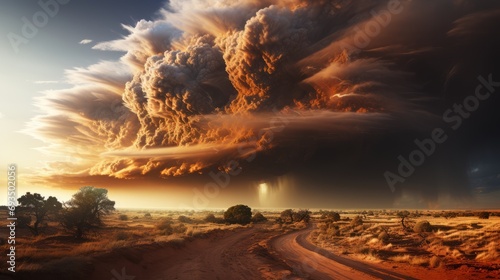 Huge powerful Tornado. Windstorm landscape destruction. Dramatic Atmospheric disturbance photo
