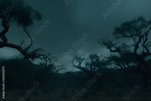 Spooky Halloween dead mysterious forest creepy trees with twisted roots and two lizard on misty night forest. Scary concept. Neural network AI generated art