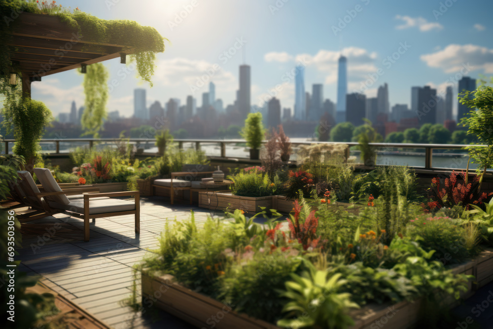 Fototapeta premium A lush rooftop garden providing a tranquil space for urban dwellers to connect with nature and practice mindful gardening. Concept of urban green living. Generative Ai.