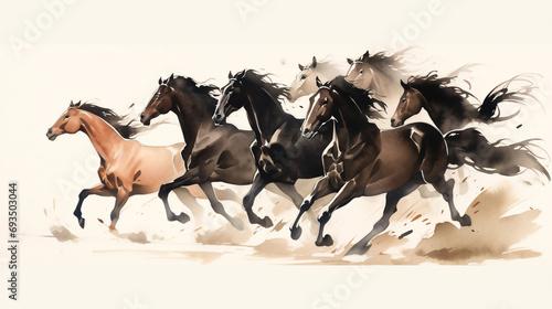 Leinwand Poster Ink painting illustration of galloping horses
