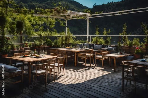 dining zone on terrace near river.  © Mazhar