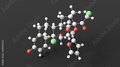 mometasone furoate molecular structure, anti-inflammatory drug, ball and stick 3d model, structural chemical formula with colored atoms