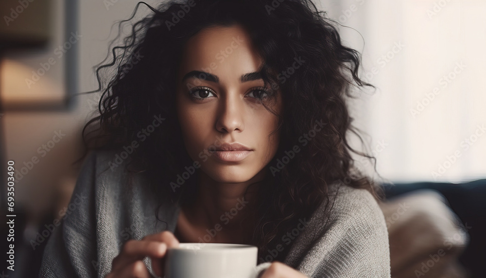 Beautiful young woman enjoying her cup of coffee in the morning.