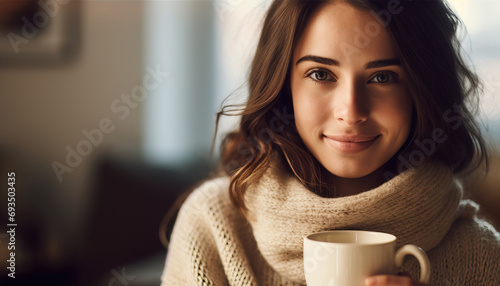 Beautiful young woman enjoying her cup of coffee in the morning.