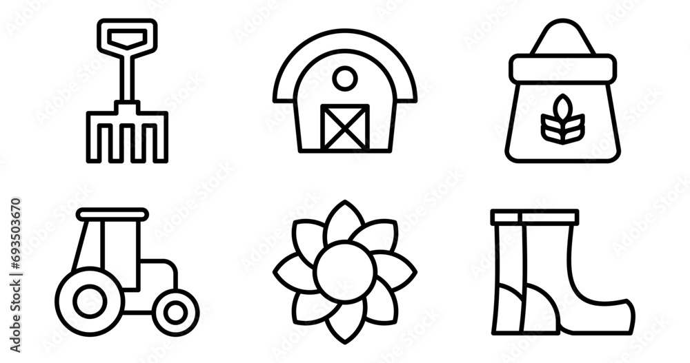 Farm Icons. Vector Graphics Featuring Designs of Barn, Tractor