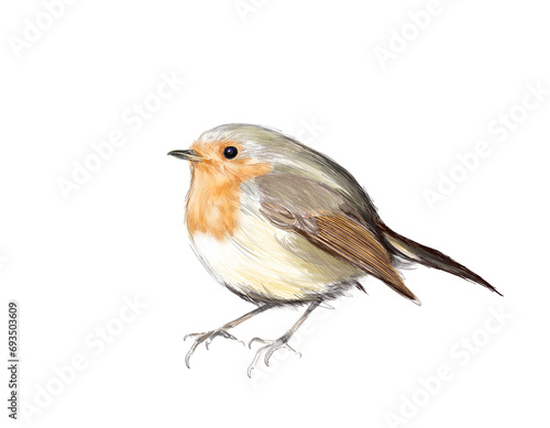 Freehand drawing of robin, cute small bird on white background, hand-drawn single songbird