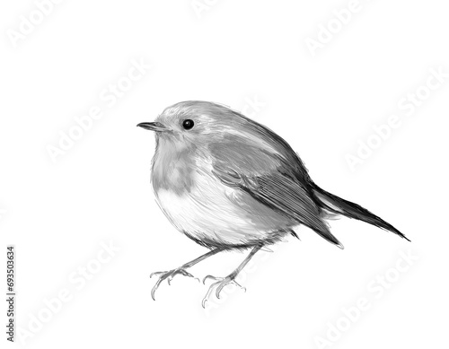 Freehand drawing of robin, cute small bird on white background, hand-drawn single songbird in black and white tones © Mist