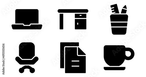 Office Icons.  Vector Graphics Featuring Designs of laptop, desk, files, coffee mug, chair, pen holder. Icon Set in solid Style