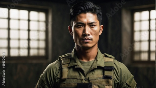 A serious Asian male soldier in olive drab stands alert in a vintage room with window light accentuating his features. photo