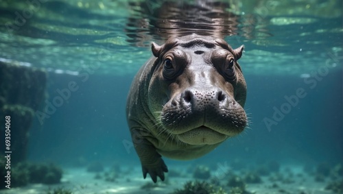 An underwater view of a hippopotamus submerged, in a natural aquatic environment.