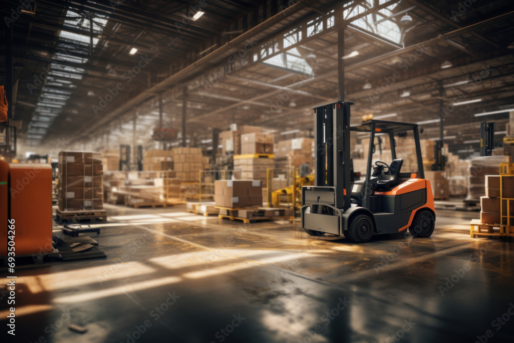 Forklifts navigating through a bustling warehouse, strategically organizing and transporting raw materials and finished goods. Concept of warehouse logistics. Generative Ai.