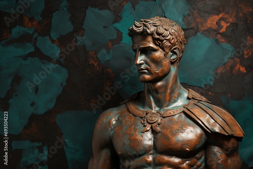 A beautiful ancient bronze greek, roman stoic male statue, sculpture on a copper backdrop. Great for philosophy quotes.