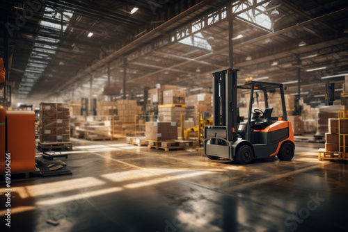 Forklifts navigating through a bustling warehouse, strategically organizing and transporting raw materials and finished goods. Concept of warehouse logistics. Generative Ai.