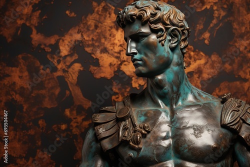 A beautiful ancient bronze greek, roman stoic male statue, sculpture on a copper backdrop. Great for philosophy quotes.