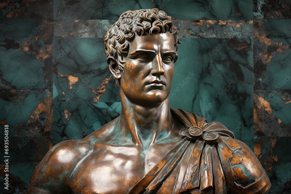 A beautiful ancient bronze greek, roman stoic male statue, sculpture on a copper backdrop. Great for philosophy quotes.