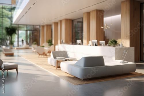 A reception area with a sleek design, creating a professional and welcoming first impression for visitors. Concept of modern office hospitality. Generative Ai.