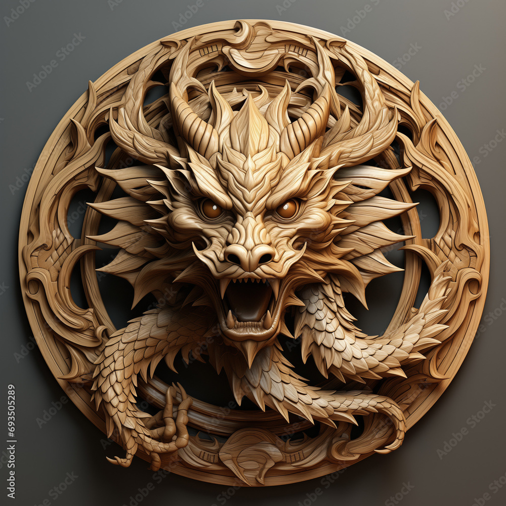 A wooden dragon head emblem. 3D style dragon wood badge. Coat of arms dragon head. Dragon head