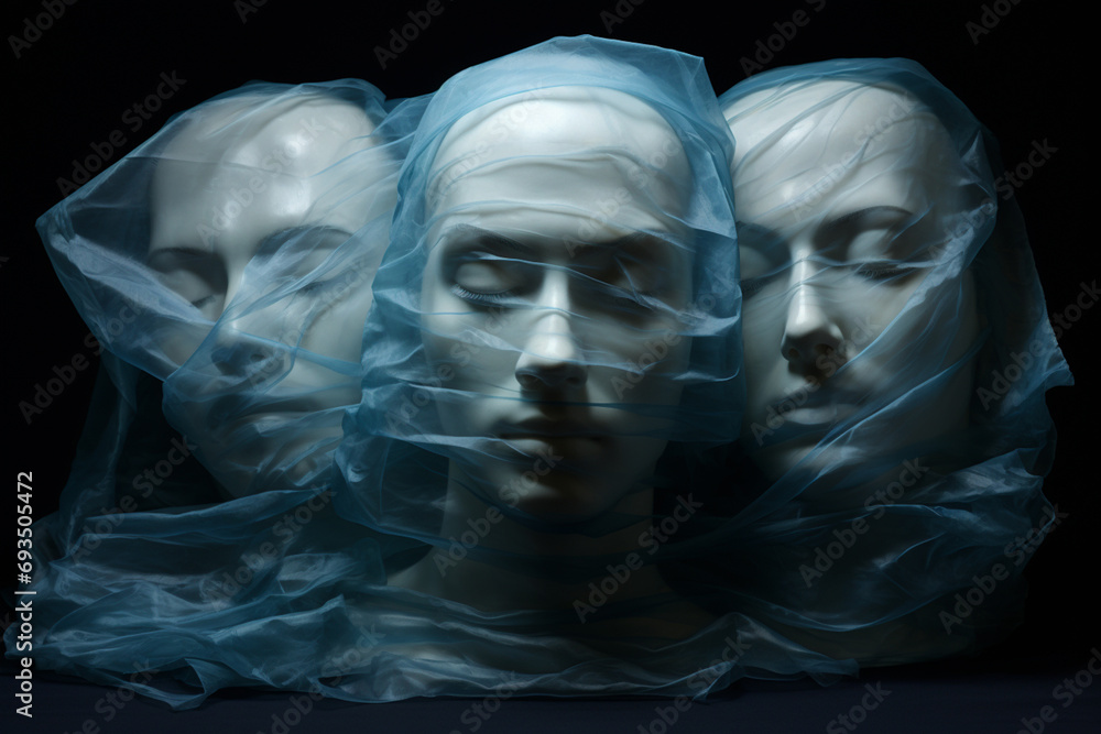Layers of transparent masks, symbolizing the effort to conceal and navigate the complex emotions associated with schizophrenia. Layers of transparent masks, symbolizing the effort to conceal and navigate the complex emotions associated with schizophrenia.