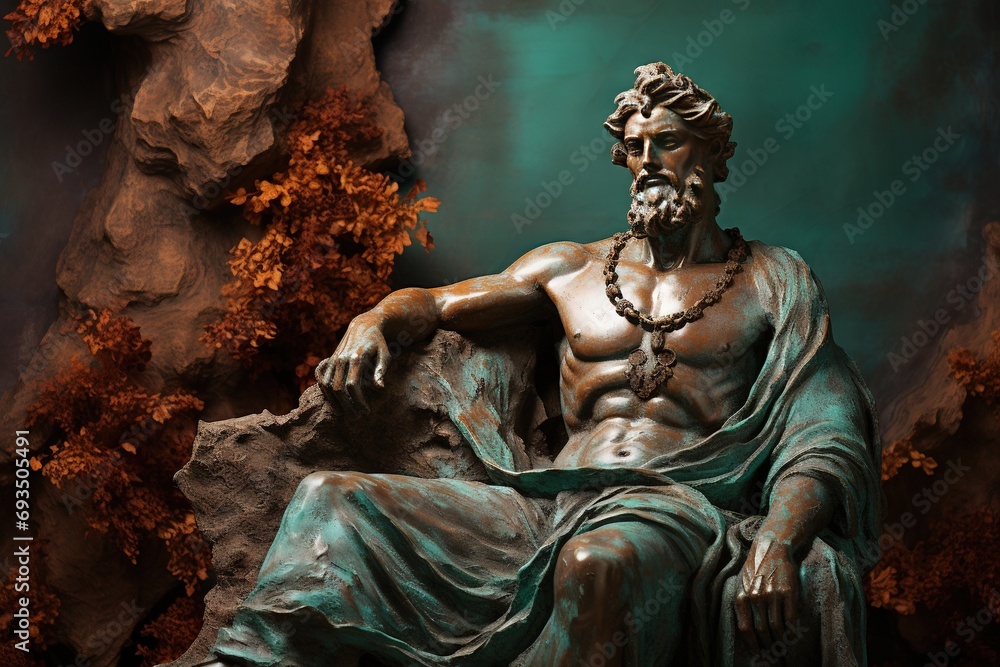 A beautiful ancient bronze greek, roman stoic male statue, sculpture on a copper backdrop. Great for philosophy quotes.