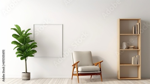 Modern mockup scene with an empty white picture frame, a lush houseplant, an armchair, and a wooden bookshelf ready for customization