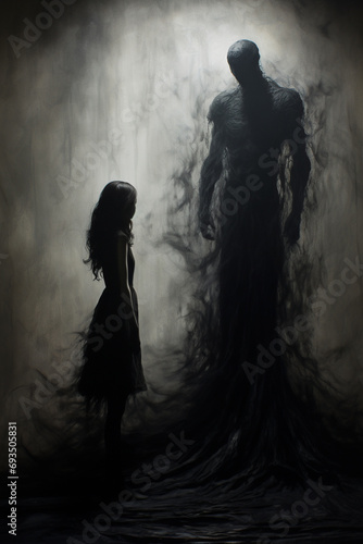 An artistic interpretation of toxic relationships as a dark, looming shadow enveloping two figures, signifying the overshadowing negativity within the connection.