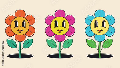 Groovy flower cartoon characters. Funny happy daisy with eyes and smile. Sticker pack in trendy retro trippy style. Isolated vector illustration. Hippie 60s, 70s style.