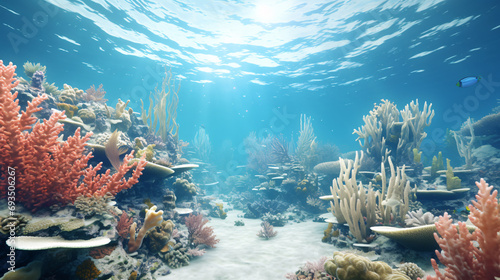 An underwater scene with bleached coral reefs. photo