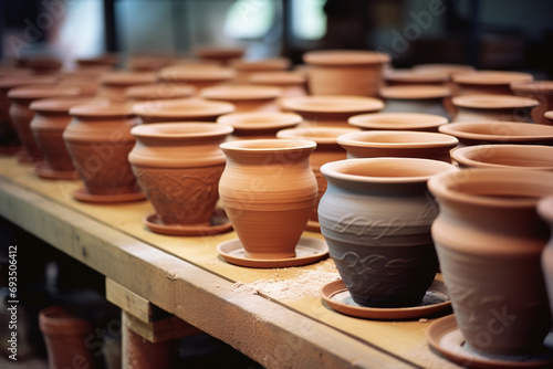 A series of pots in various stages of completion on a potter's wheel.